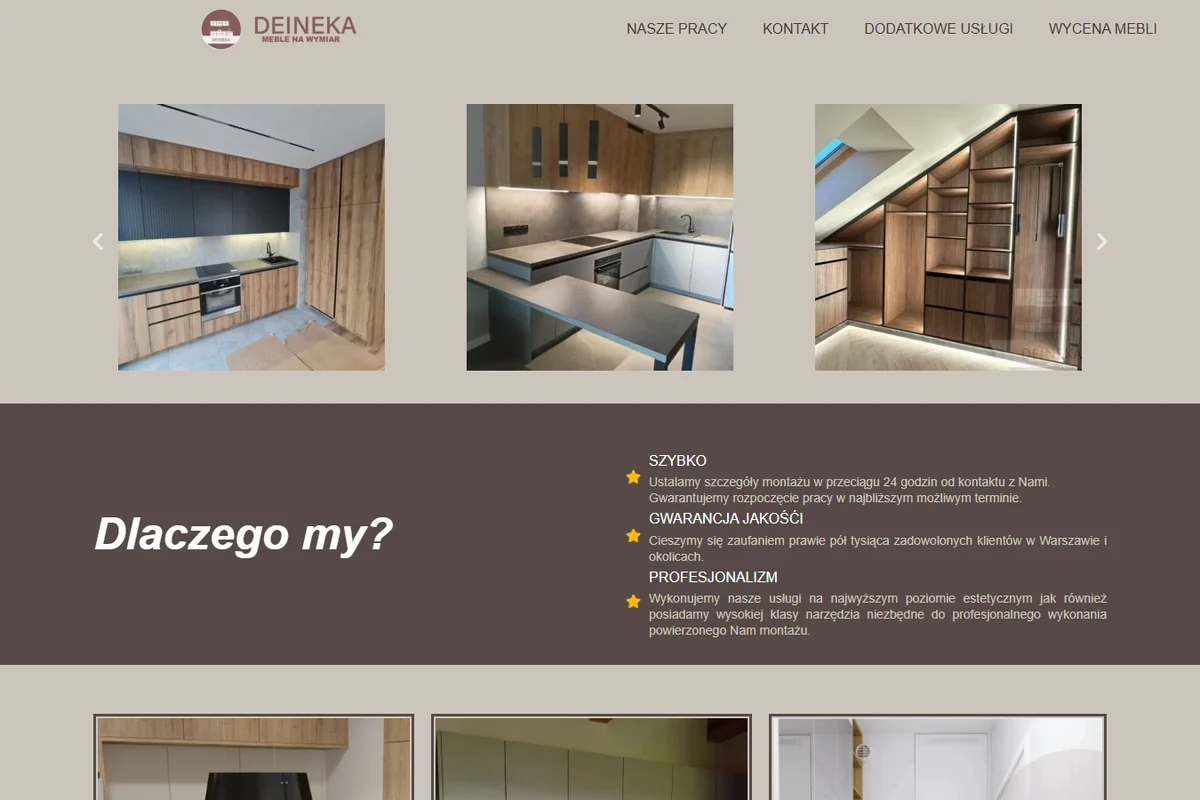 Deineka Furniture - Marketing site for a Warsaw custom-furniture studio. WordPress with full catalog, Instagram feed and local-SEO setup, including AI-search visibility for the Polish market.