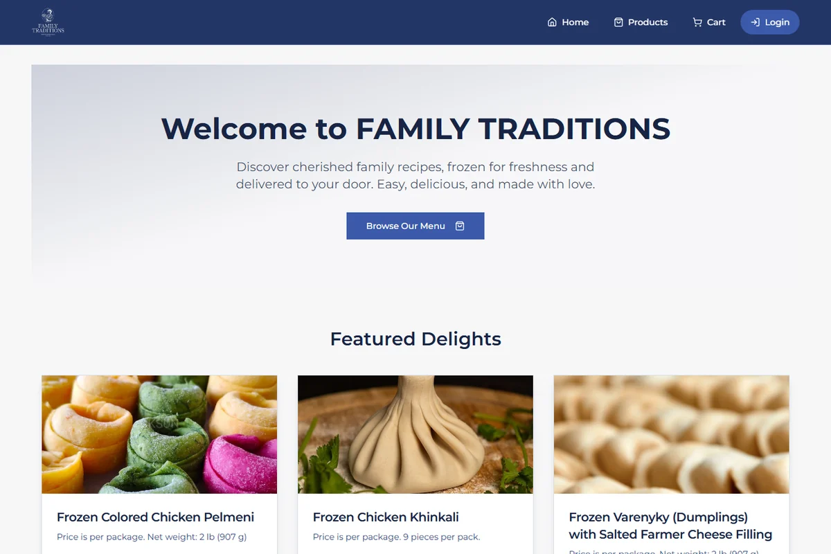 Family Traditions - Full-stack e-commerce for a family-recipe meal brand. Next.js · Firebase · Genkit AI. Auth, multi-step checkout, admin panel and full i18n. Tuned for SEO and AI-search citations.