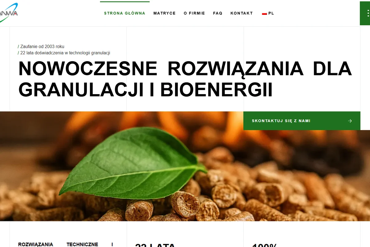 PSP / ANWA - Two-site infrastructure for a Polish biomass producer: a fast static landing for the PSP pellet brand and a multilingual (PL/EN/UK/DE) WordPress B2B site (anwa.biz) for granulator matrices. SEO and AI-search optimised across both.